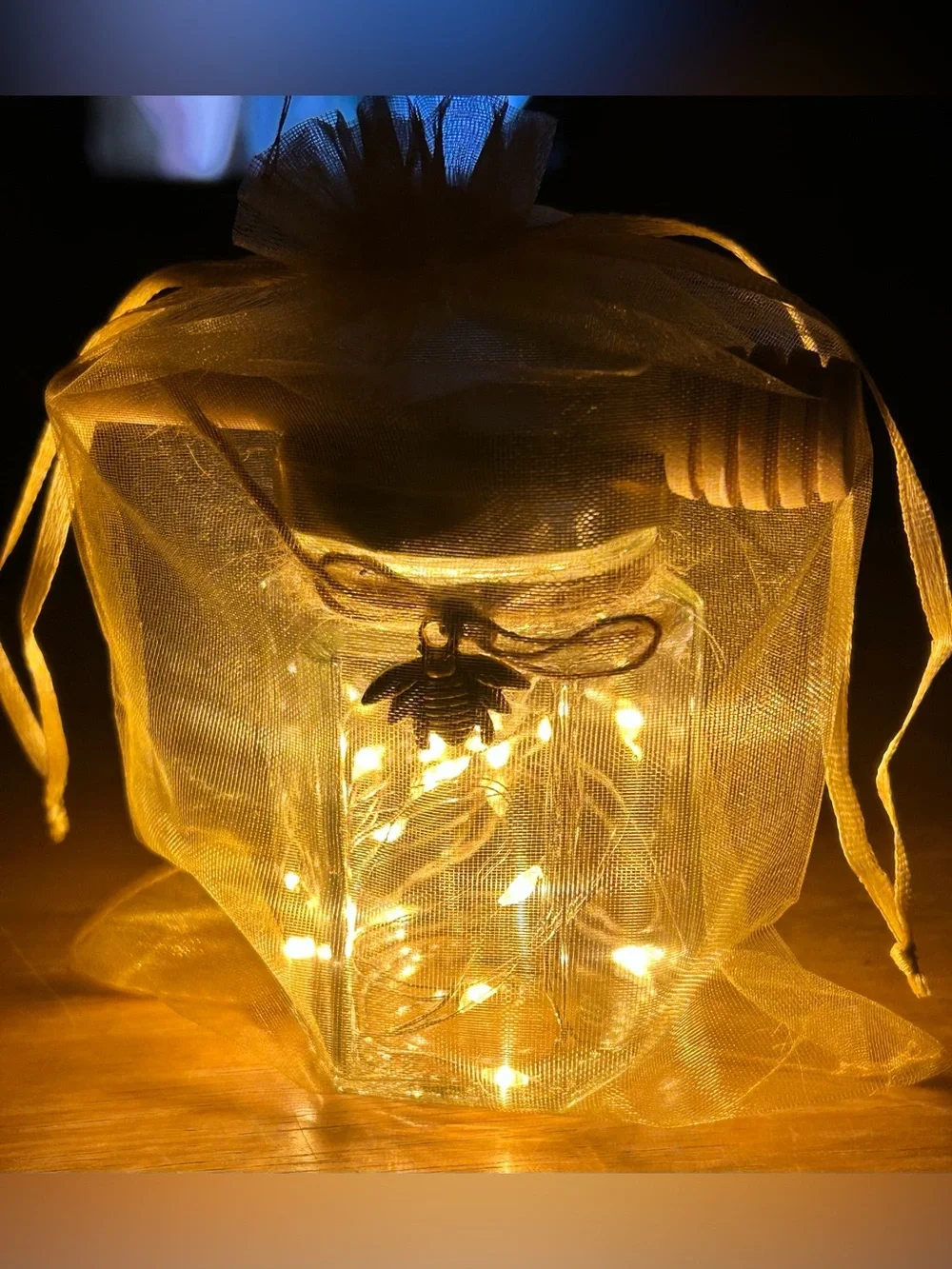 HONEY BEE YELLOW FAIRY-LIGHT MINI JAR W/ CHARM AND SERVER DECOR/HANDCRAFTED!